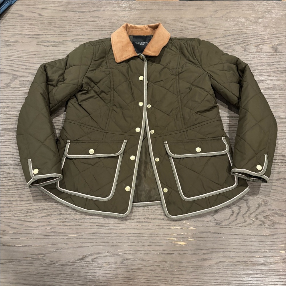 Talbots Olive Quilted Utility Jacket with Tan corduroy Collar